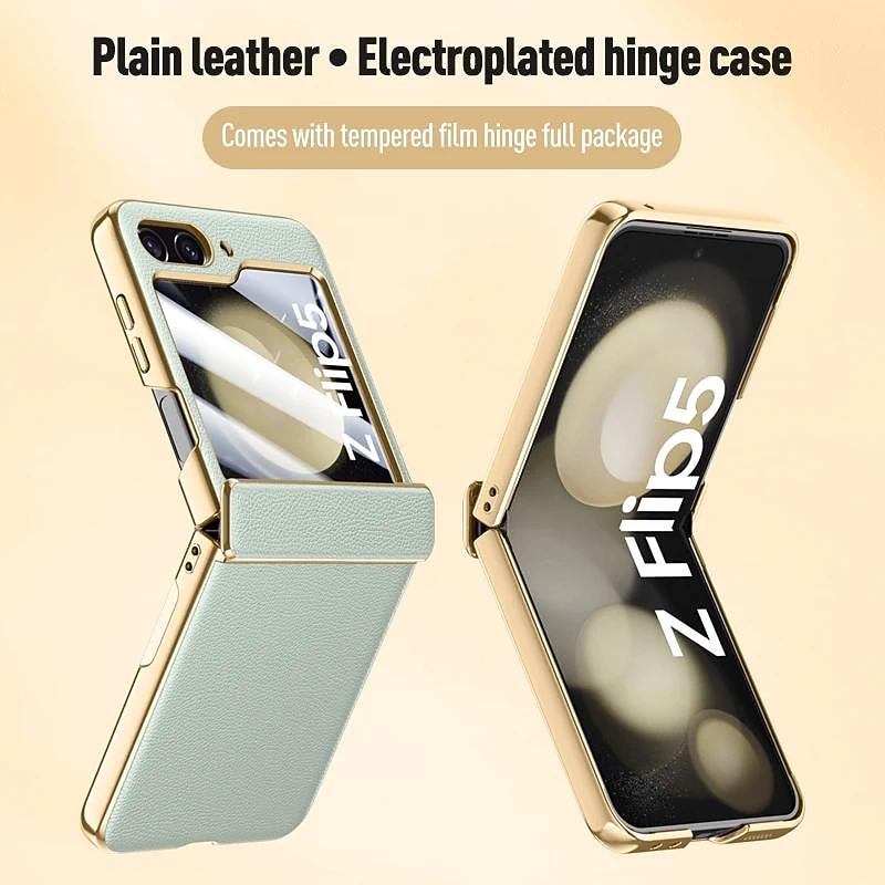 Phone Case For Samsung Galaxy Z Flip 6 Z Flip 5 Back Cover with Screen Protector Plating PU Leather4