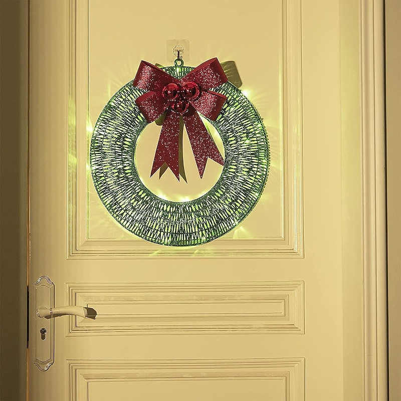 20inch Christmas Wreath with Light Iron Luminous Bow Garland LED Light-up Warm White Light Scene Decoration 30/40/50cm AA Battery Powered2