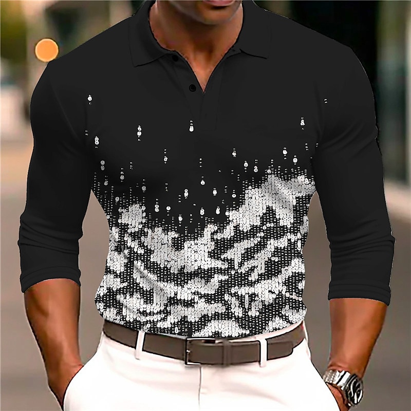 Men's Graphic Polo Shirts Golf Shirt Long Sleeve Polo Shirts Collared Shirts Casual Vacation Wear Rave Wear Party Outfits 3D Print Buttons Fall & Winter Black White Gray