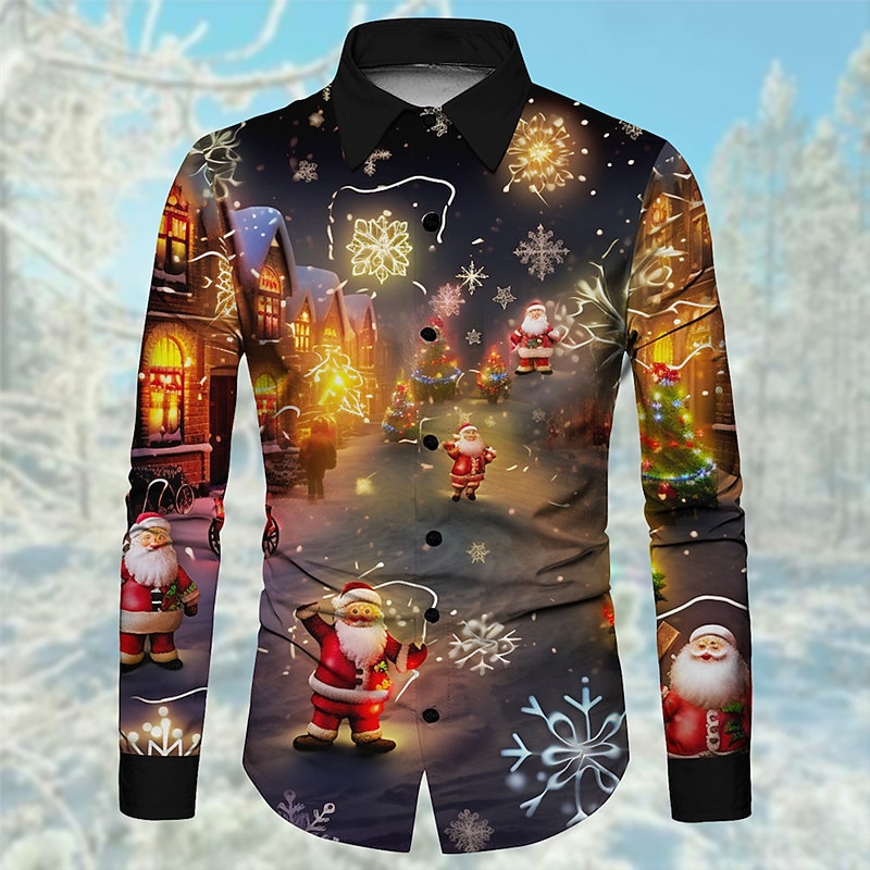 Christmas Men's Christmas Light Printed Shirts Gingerbread Pattern Casual Daily Wear Going out Fall & Winter Turndown Long Sleeve Black, Army Green, Red S, M, L 4-Way Stretch Fabric Christmas3