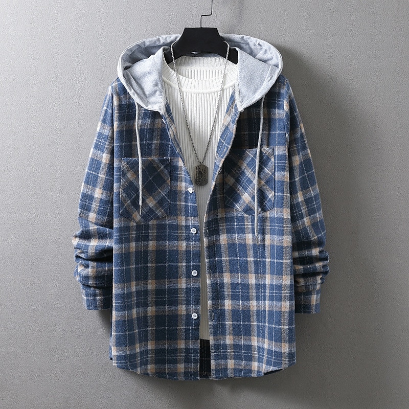 Men's Shirt Casual Shirt Plaid Shirt Button Up Shirt Overshirt Plaid / Check Outdoor Daily Wear Yellow Blue Orange Green Long Sleeve Hooded Fall & Winter Clothing Apparel Front Pocket