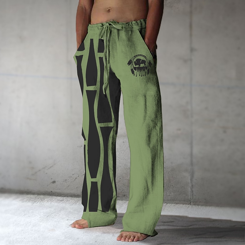 Men's Graphic Color Block Cowboy Linen Pants Pants Trousers Baggy Pants Mid Waist Vintage Casual Vacation Daily Wear Going out Spring Fall White Green khaki3