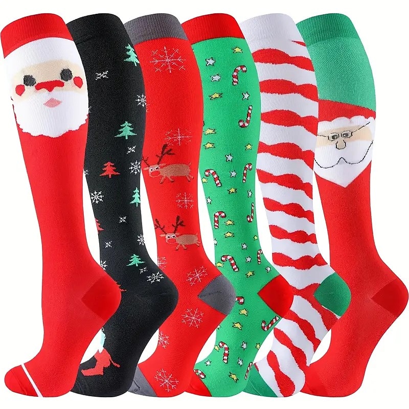 Christmas Compression Socks, Unisex Christmas Themed Pattern Knee High Thermal Stockings, Best Support For Nurse, Medical, Running, Athletic