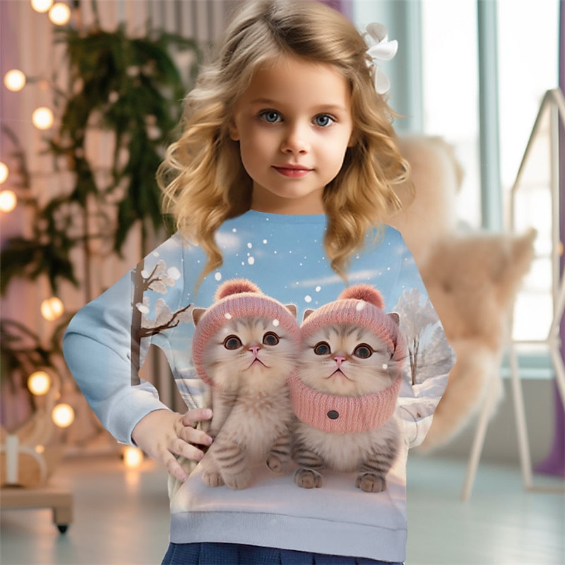Girls' 3D Cat Sweatshirt Pullover Long Sleeve 3D Print Fall Winter Fashion Streetwear Adorable Polyester Kids 3-12 Years Crew Neck Outdoor Casual Daily Regular Fit3