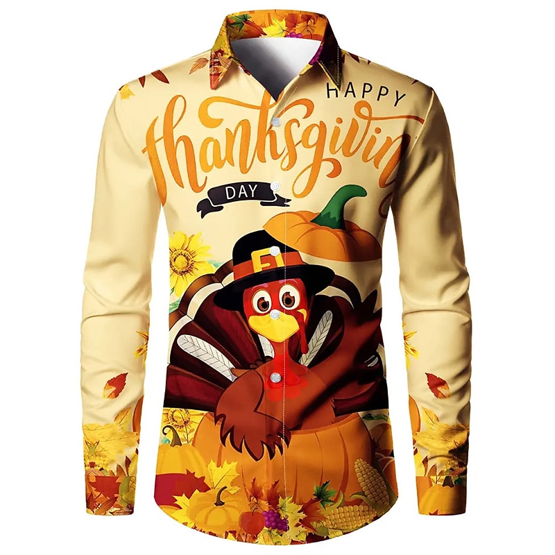 Thanksgiving Day Men's Letter Turkey Shirt Button Up Shirt Long Sleeve Casual Daily Wear Going out Fall & Winter Turndown Print Button-Down Khaki