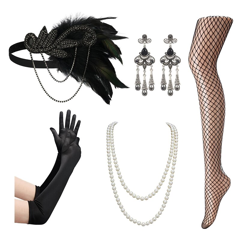Set with Feather Flapper Headband Long Gloves Fishnet Stocking Earings Pearl Necklace Retro Vintage Roaring 20s 1920s Accesories Set The Great Gatsby Women's Cosplay Costume Carnival Party Evening2
