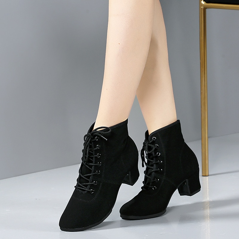 Women's Modern Shoes Practice Trainning Dance Shoes Performance Training Heel Cuban Heel Round Toe Lace-up Adults' Black Red3