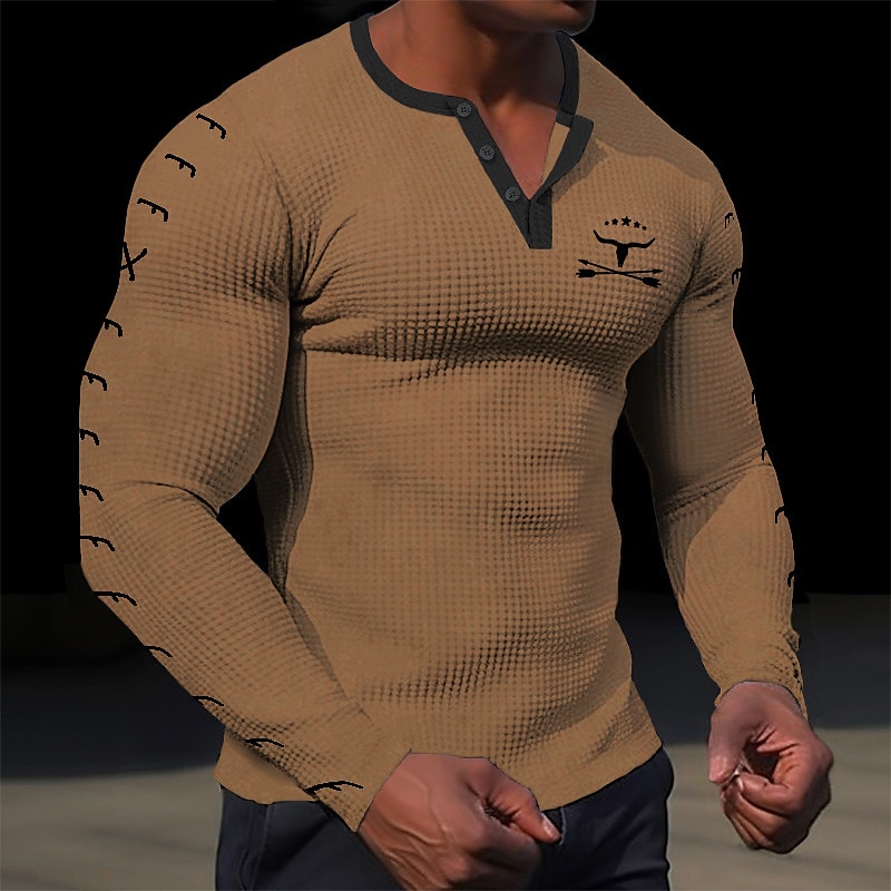 Men's Graphic Cowboy Henley Shirt Waffle T Shirt Long Sleeve 3D Print Designer Retro Vintage Casual Sports Outdoor Holiday Festival Spring &  Fall Black White Brown Army Green Henley Henley T-Shirt2