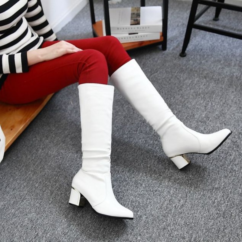 Women's White Mid-Calf Block Heel Boots with Retro Style and Ruched Design - Perfect for Winter Fashion and Daily Wear3