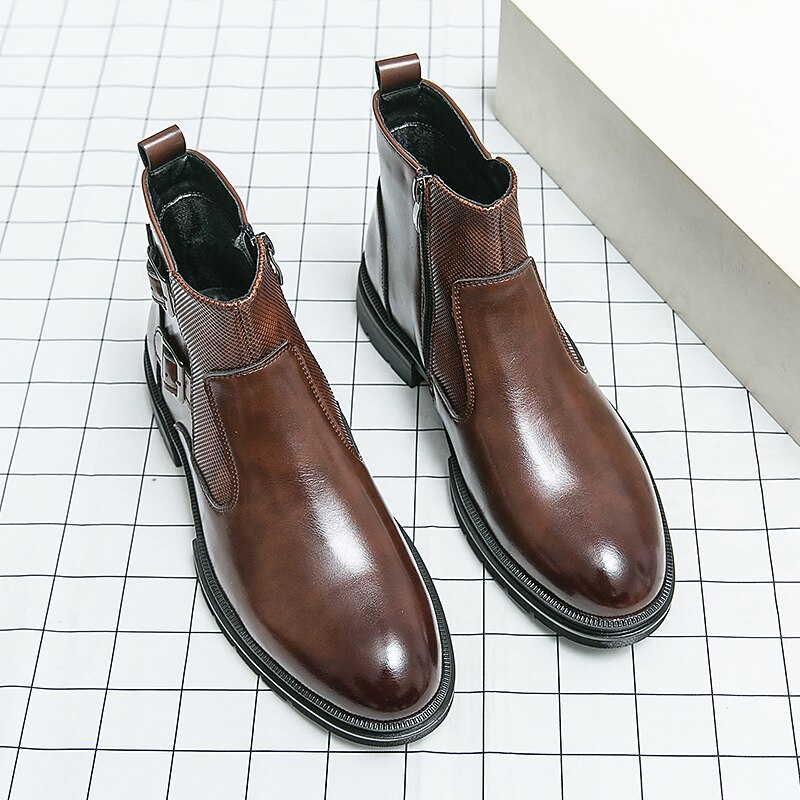 Men's Navy Blue Faux Leather Chelsea Boots, Double Buckle Ankle Boots with Elastic Side for Stylish Durable Wear 36