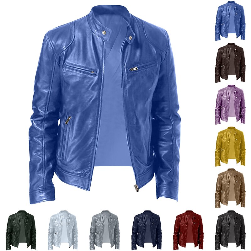 Male Faux Leather Jacket Transition Jacket Biker Jacket Outdoor clothing Casual Daily Windproof Buttons Fall & Winter Zipper Casual Crew Neck Regular Faux Leather Silver Golden Black White Yellow
