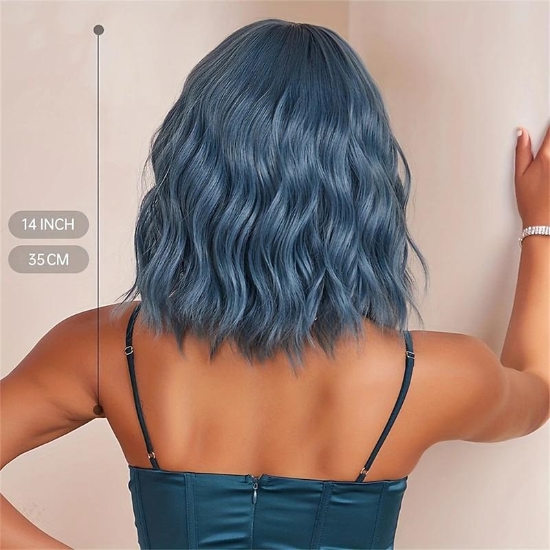 Blue Short Wavy Curly Hair Wigs With Bangs 14 Inch Synthetic Fiber Hair Wigs For Women Elegant Hair Wigs For Daily Party Cosplay Halloween Use4