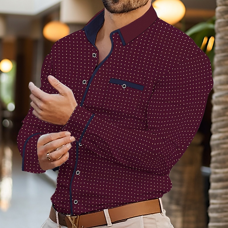 Men's Shirt Summer Shirt Dress Shirt Button Up Shirt Casual Shirt White Wine Navy Blue Long Sleeve Geometric Lapel Daily Vacation Patchwork Clothing Apparel Fashion Casual Comfortable3