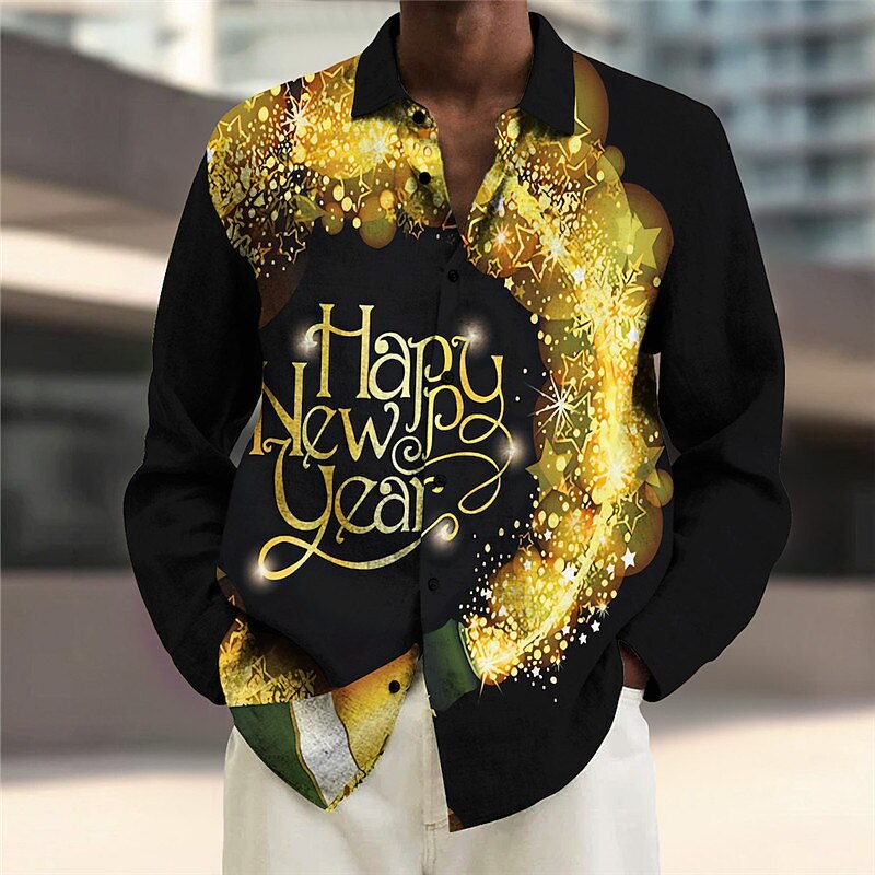 New Year Men's Letter Christmas Scene Shirt Long Sleeve Casual Going out Weekend Fall & Winter Turndown Print Button-Down Black Yellow Gold2