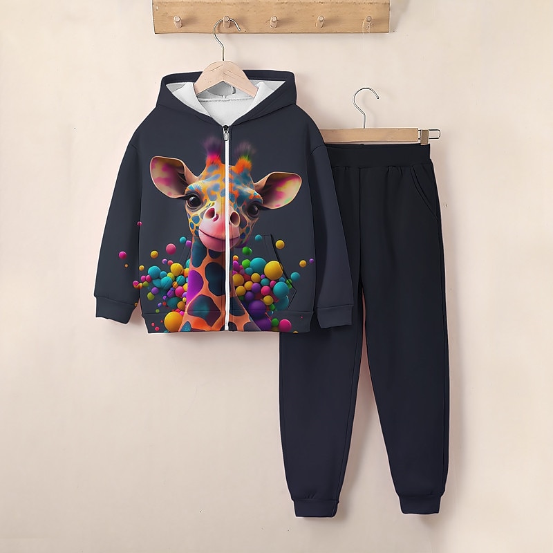 Girls' 3D Giraffe Hoodie & Sweatpants Set Long Sleeve 3D Printing Fall Winter Active Fashion Cute Kids 3-12 Years Zip Hooded Outdoor Street Regular Fit2