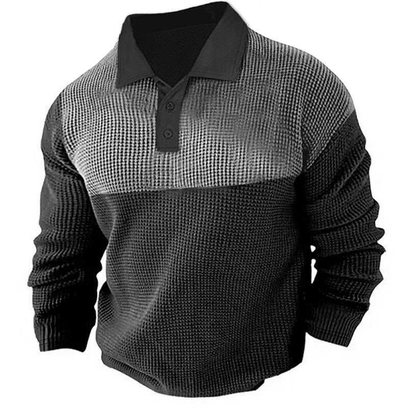 Men's Waffle Polo Shirt Golf Shirt Casual Holiday Classic Long Sleeve Fashion Basic Color Block Quick Dry Summer Spring Regular Fit Army Green Dark Navy Gray Waffle Polo Shirt2