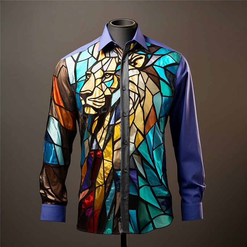 Men's Color Block Lion Colorful Shirt Button Up Shirt Long Sleeve Artistic Abstract Daily Wear Going out Fall & Winter Turndown Print Button-Down Yellow Blue Purple Fuchsia