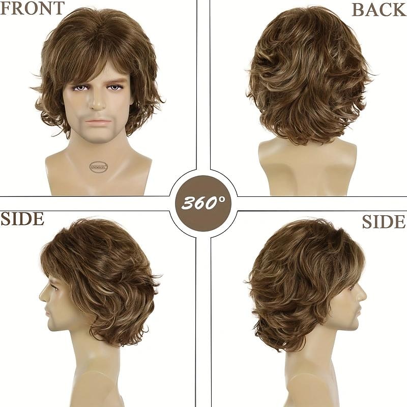 1pc Men's Natural Wig, Short Brown Synthetic Hair Mix Brown Wig With Bangs, Pixie Cut Hairstyle Layered Wig Party2
