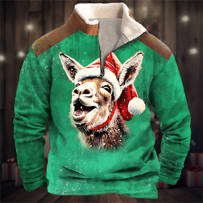 Men's Graphic Donkey Merry Christmas Sweatshirts Sweatshirt Sweatshirt Zip Sweatshirt Long Sleeve Sweatshirt Quarter Zip Daily Basic Casual 3D Print Holiday Vacation Going out Print Fleece Fall3