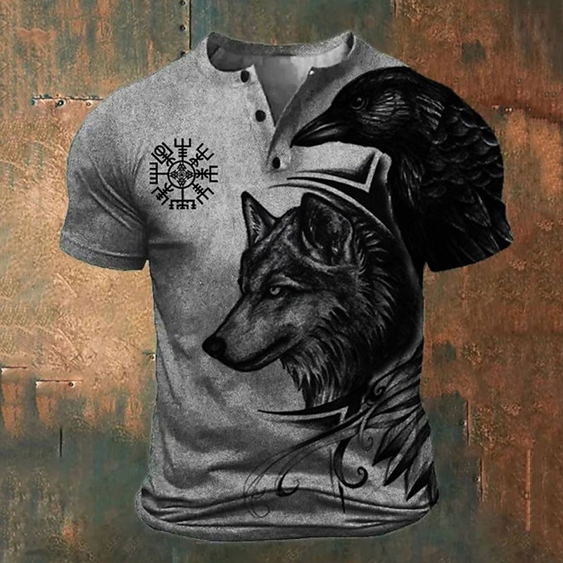 Men's Graphic Wolf Viking T Shirt Henley Shirt Short Sleeve 3D Print Fashion Retro Vintage Classic Sports Outdoor Holiday Going out Spring & Summer Blue Green Khaki Gray Henley Henley T-Shirt