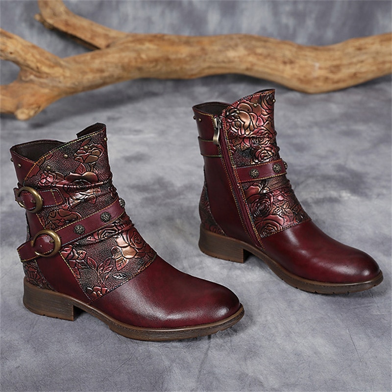 Women's Vintage Floral Embossed Leather Ankle Boots – Stylish Burgundy Buckle Strap Design for Fall & Winter Casual Wear4