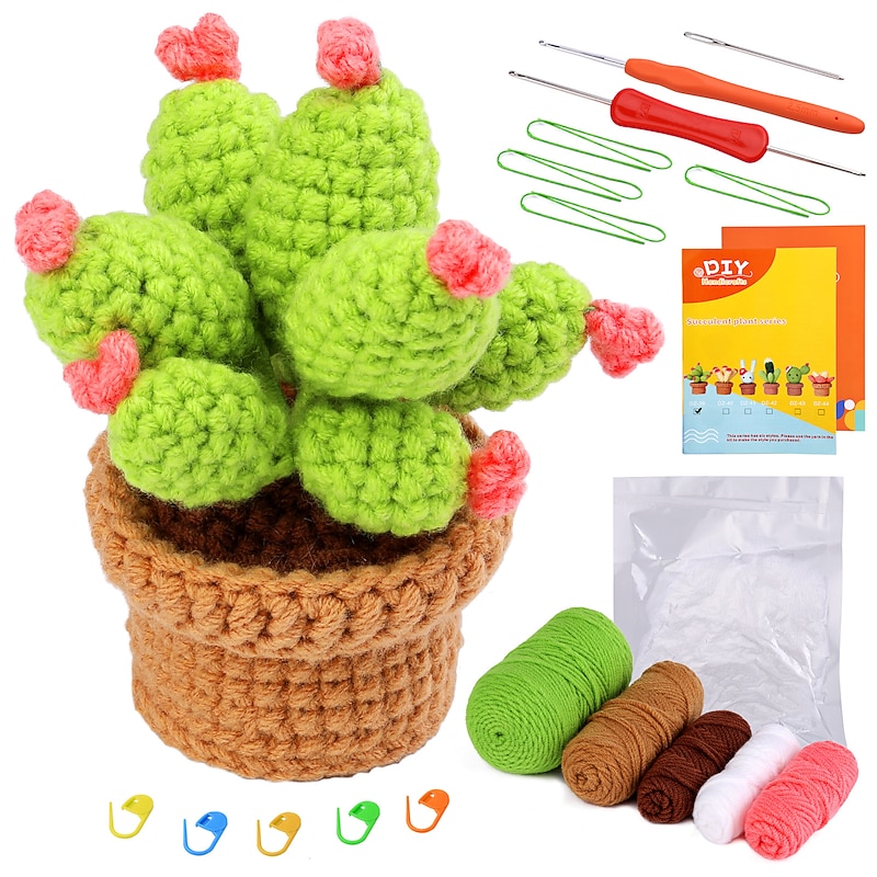 Crochet Kit for Beginners, Beginner Crochet Starter Kit with Step-by-Step Video Tutorials, Beginner Crochet Kit for Adults Kids, Knitting Kit for BeginnersThe Same Type Of Succulent Potted Cactus Crochet Wool Material Bag Is Hand Woven2