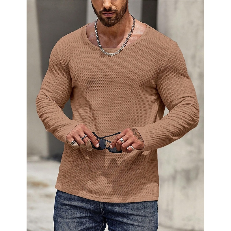 Men's Waffle Tee Waffle Shirt T Shirt Tee Top Long Sleeve Crew Neck Spring &  Fall Plain Fashion Designer Basic Vacation Street Going out Black White Brown Top Tee for Men