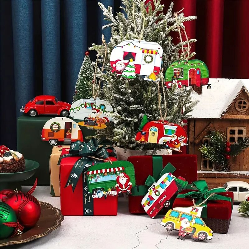 24pcs Happy Camper Christmas Ornaments Caravan Wooden Christmas Tree Decoration Vintage Santa Claus RV Trailer Hanging Ornaments For Holiday Home Party Crafts Scene Decor Room Decor Home Decor Window Decor Pendant Holiday Party Decor (With Rope)3