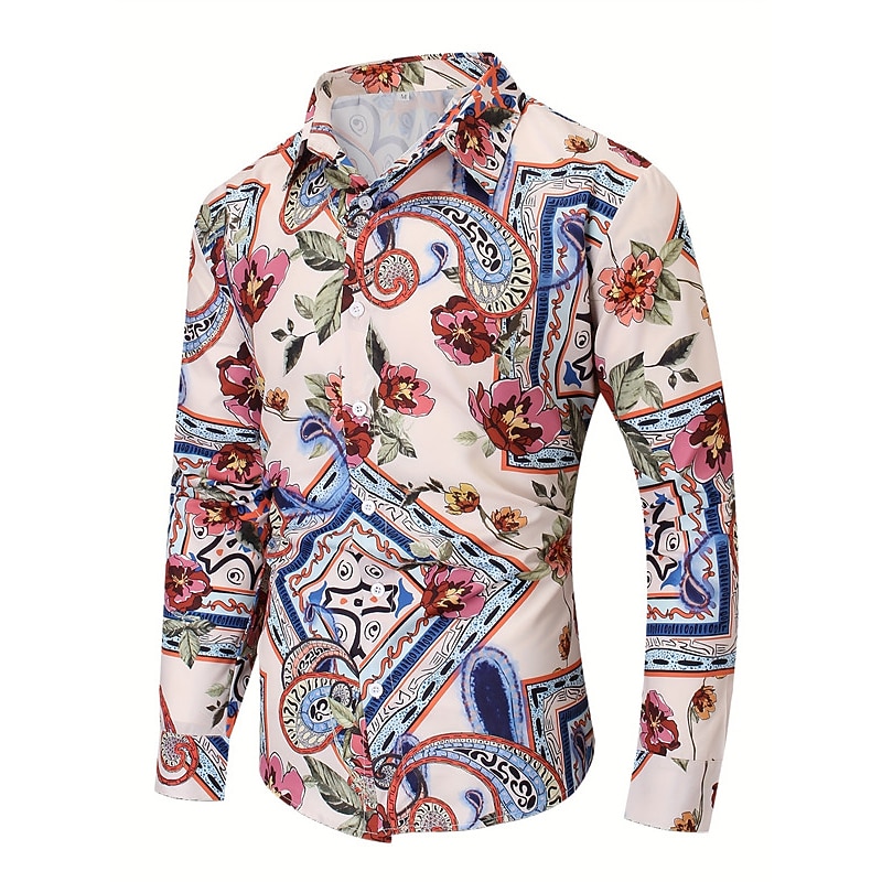 Men's Shirt Button Up Shirt Long Sleeve Casual Boho Daily Wear Going out Fall & Winter Turndown Print Button-Down Black Dark Navy Beige4