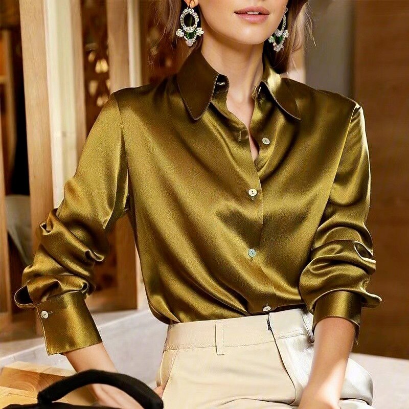 Women's Shirt Elegant Dressy Satin Solid Color Plain Business Basic Mature Long Sleeve Shirt Collar Regular Tops Work Casual Daily Buttons White Yellow Light Green Red Fuchsia Spring &  Fall2