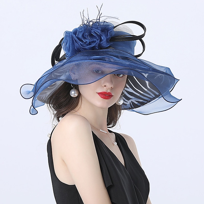 Fascinators Kentucky Derby Hat Headwear Polyester Organza Sun Hat Top Hat Veil Hat Holiday Beach Elegant Vintage With Feather Lace Side Headpiece Headwear4