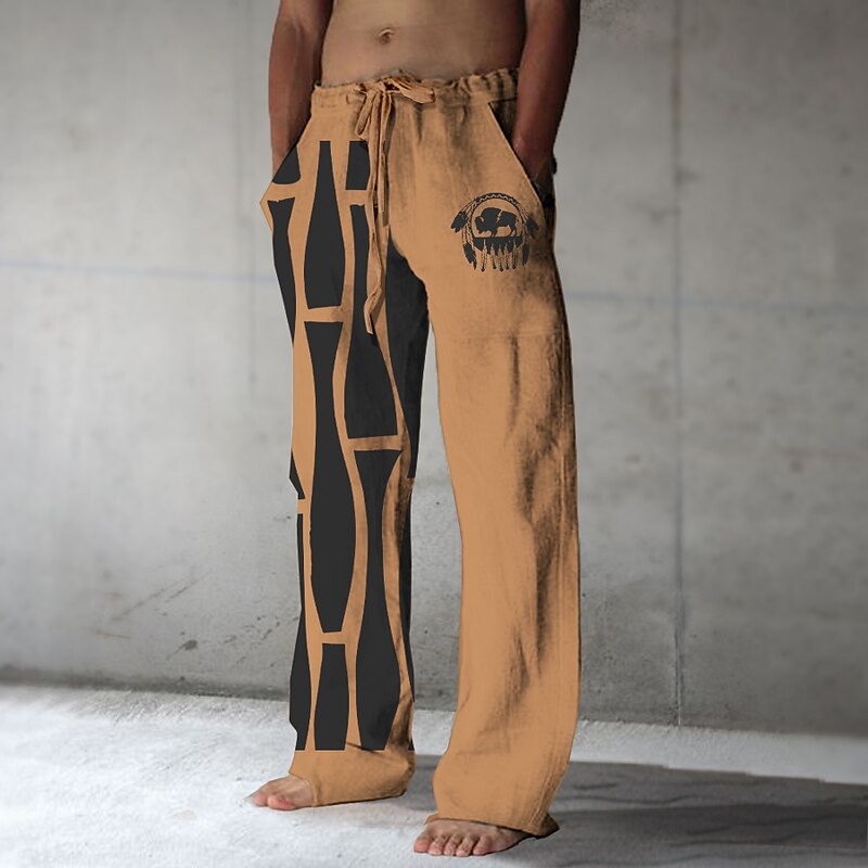 Men's Graphic Color Block Cowboy Linen Pants Pants Trousers Baggy Pants Mid Waist Vintage Casual Vacation Daily Wear Going out Spring Fall White Green khaki2