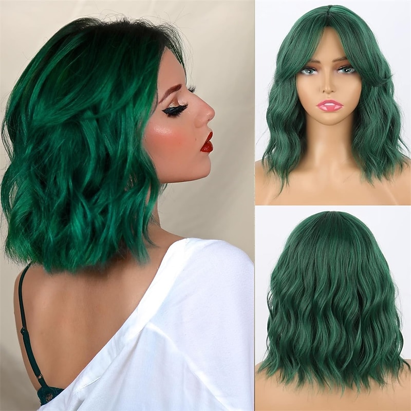 Jolelyne Green Curly Wavy Bob Wig with&nbsp;Bangs Dark Green Wavy Bob Wig for Women Short Curly Bob Olive Green Wig with Curtain Bangs Curly Bob Wig with Bangs Green Bob Wavy Wigs for Women (Green)2