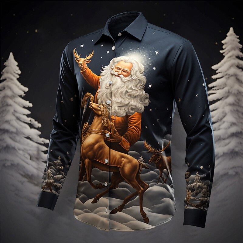 Men's Christmas Tree Mountain Christmas Scene Shirt Summer Hawaiian Shirt Long Sleeve Shirt Turndown Casual Christmas Outdoor Street Black Yellow Dark Navy S M L4