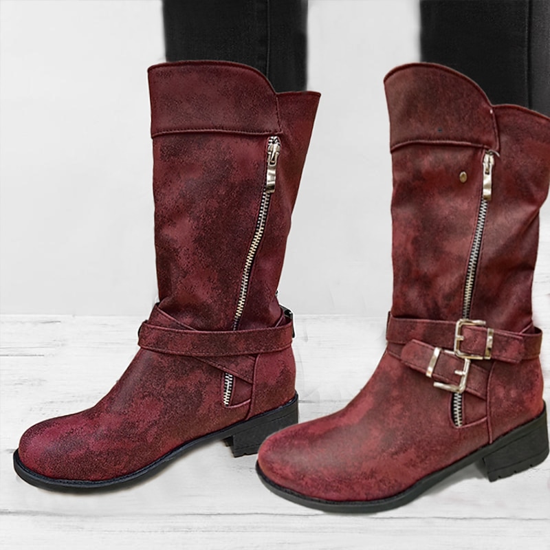 Women's Biker Mid-Calf Boots – Red Faux Leather Motorcycle Boots with Double Buckle Straps and Side Zipper, Perfect for Casual Fall Outfits, Outdoor Adventures, and Urban Streetwear3