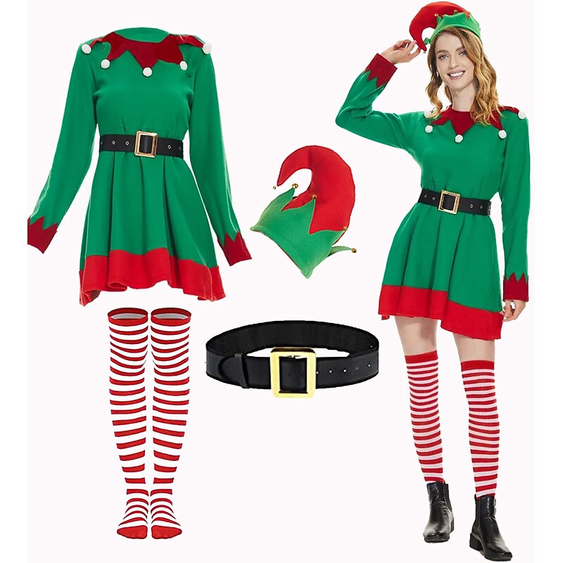 Elf Fancy Christmas Dress Santa Suits Cosplay Costumes Women's Christmas Cosplay Costume Adults' Christmas Masquerade Christmas Party Dress Belt Socks Hat