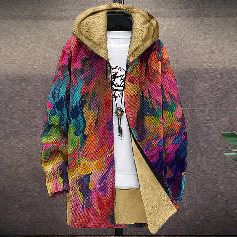 Men's Rainbow Gradual Winter Coat Fleece Jacket Coat Thermal Warm Artistic Abstract Daily Wear Going out Pocket Print Fall & Winter Hooded Long Sleeve Fuchsia