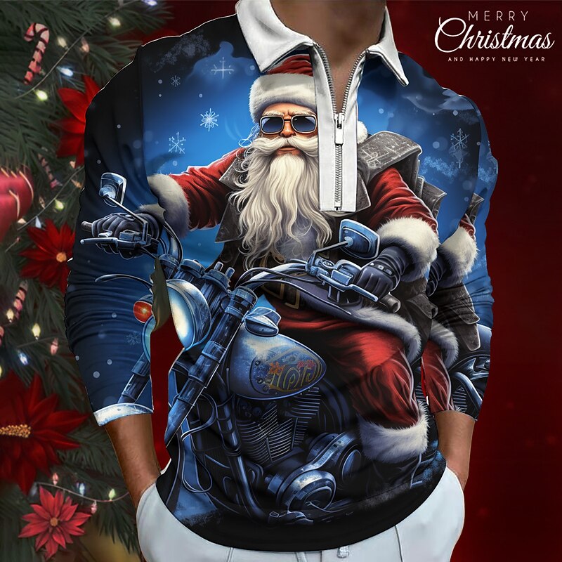 Christmas Men's Santa Claus 3D Zipper Polo Santa Claus Abstract Zip Golf Long Sleeve Outdoor Casual Daily Streetwear Fall & Winter 3D Print Turndown Zip Navy Blue Blue Ink Blue Polyester2