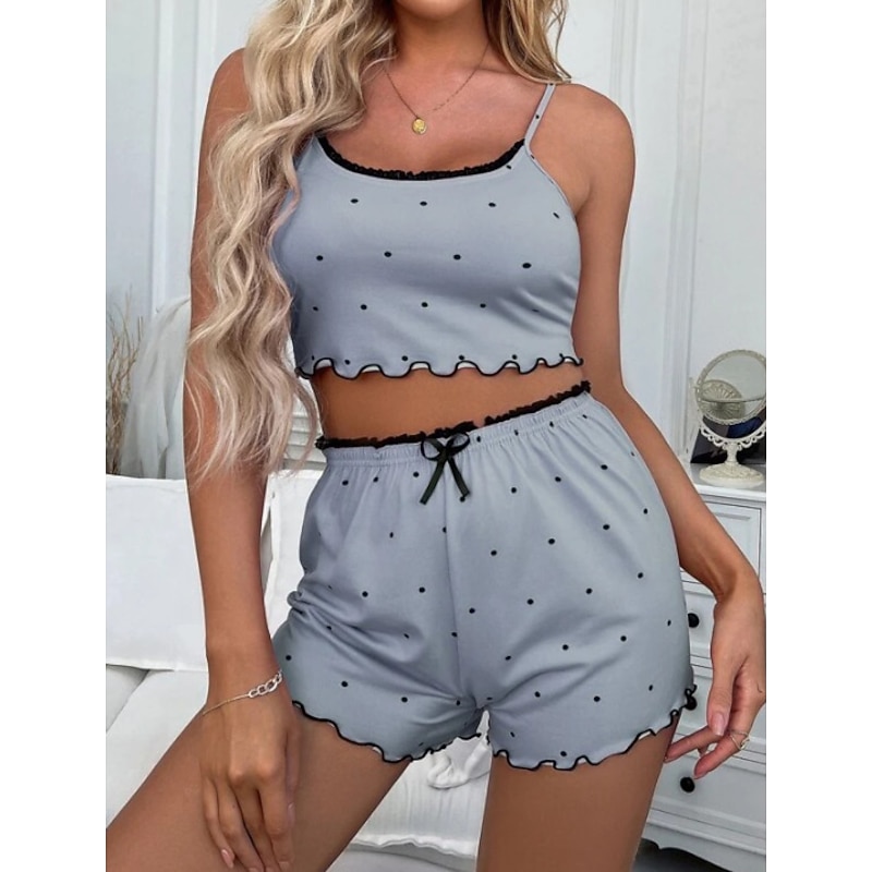 Women's Valentine Pajama Sets 2 Pieces Dot Print Lettuce Trim Crop Cami Top with Shorts Pj Sets Pink Gray 3 3XL Sping Summer Home Outfits2