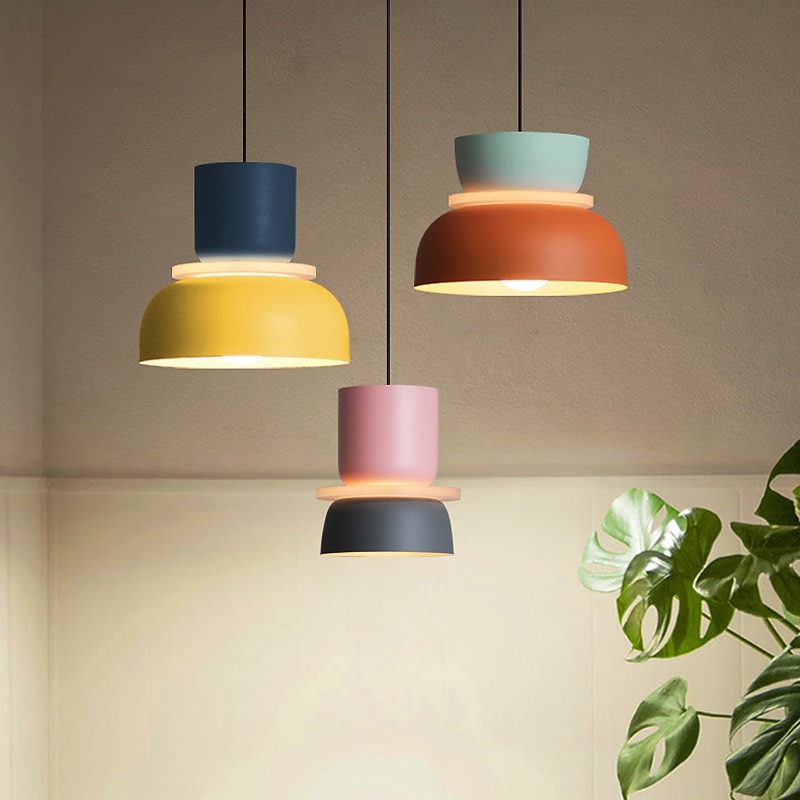 Nordic Modern Pendant Light Creative Macaron Color Barn Design Mid Century Hanging Light Fixture with Aluminum Shade Vintage Industrial Chandelier Bedroom Colorful Ceiling Pendant Lights 110-240V