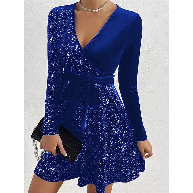 Women's Black Dress Velvet Dress Sequin Dress Velvet Sequins Glitter V Neck Long Sleeve Mini Dress Winter Dress Black Red Fall Winter4