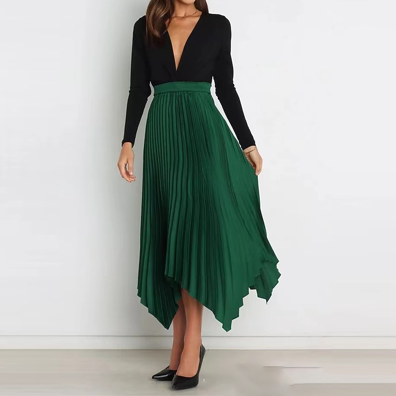 Women's Skirt Swing Long Skirt Elegant Fashion Maxi High Waist Skirts Solid Colored Pleated Asymmetric Hem Party Street Black White Wine Dark Green Spring & Summer Satin4
