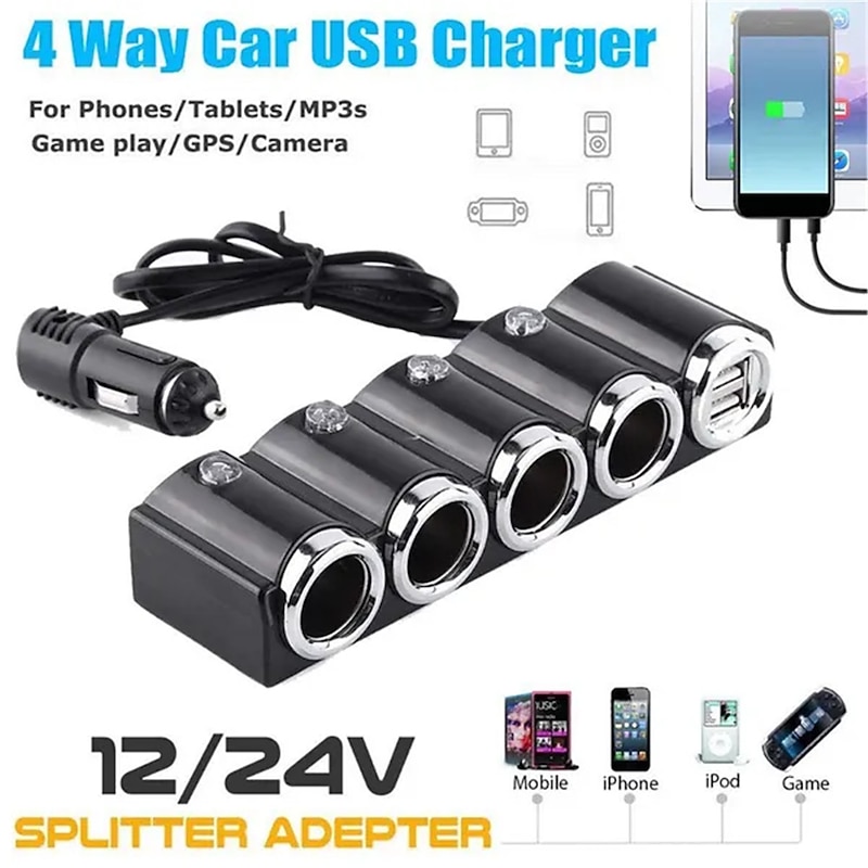 Multi-function 4 Way 12V-24V Car Cigarette Lighter Splitter Multi Socket Dual USB Plug Charger