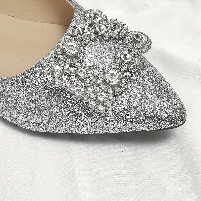 Women's Silver Glitter Flats with Rhinestone Embellished Buckle – Elegant Pointed Toe Shoes for Wedding, Parties and Special Occasions2