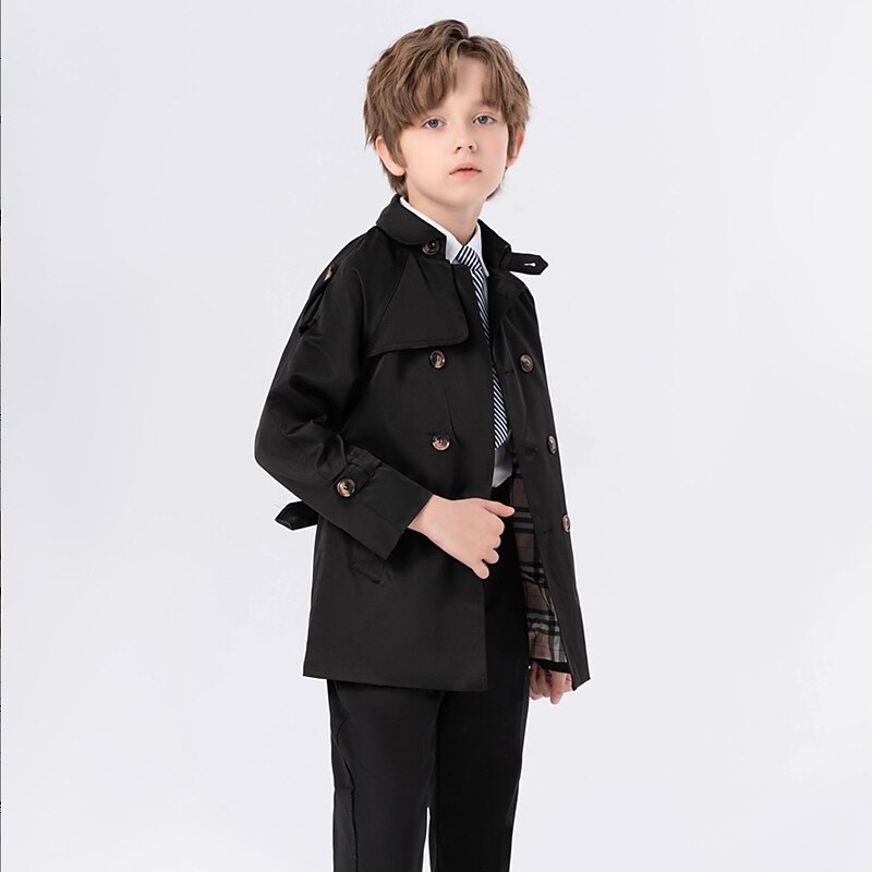 Kids Boys' Trench Coat Outerwear Solid Color Long Sleeve Pocket Buttons Coat School Cool Daily Black 3-piece suit (jacket + pants + tie) Khaki 4-piece set (jacket + pants + shirt + tie) Black 2-piece4