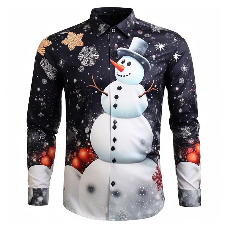 Christmas Men's Christmas Scene Printed Shirts Snowman Casual Long Sleeve Daily Wear Going out Fall & Winter Turndown Print Button-Down Black Pink Dark Navy Royal Blue 4-Way Stretch Fabric2