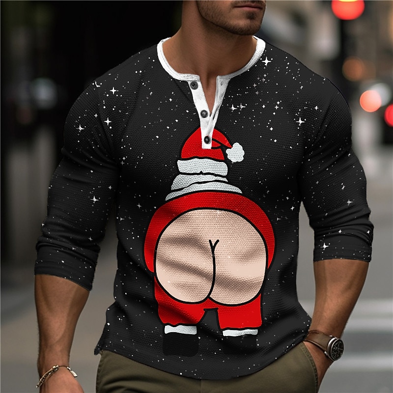 Christmas Men's Funny Christmas Henley T Shirt Graphic Santa Claus Funny Fashion Designer Casual 3D Print Henley Waffle Sports Outdoor Holiday Festival Black / White Black Red Long Sleeve Henley2