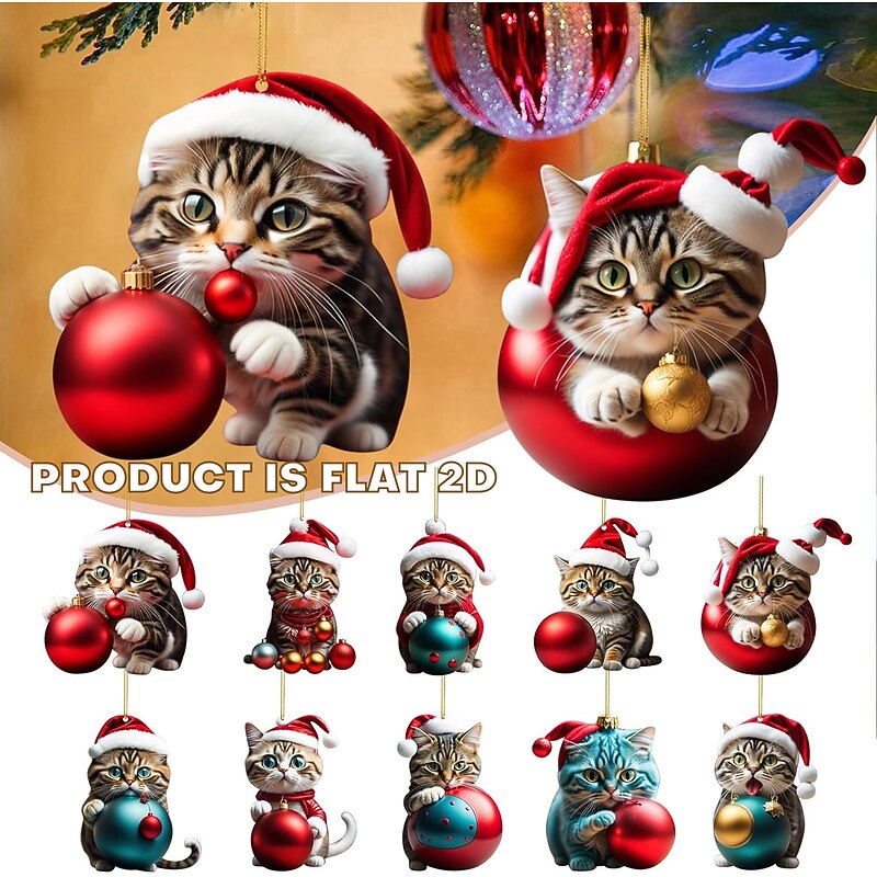 Christmas Cat Ornament,Acrylic 2D Flat Printed Xmas Tree Ornament and Car Rear View Mirror Accessories for Cat Lover