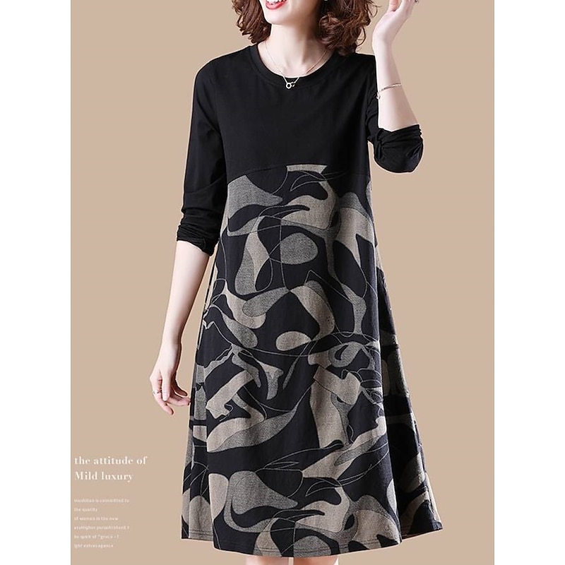 Women's Casual Dress Winter Dress Floral Color Block Patchwork Print Crew Neck Midi Dress Daily Vacation Long Sleeve Fall Winter4