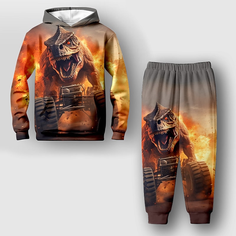 Boys 3D Dinosaur Hoodie & Sweatpants Set Set Long Sleeve 3D Printing Fall Winter Active Fashion Cool Kids 3-12 Years Outdoor Vacation Street Regular Fit